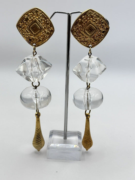 Vintage 1980s Gold Tone Acrylic Long Drop Statement Clip On Earrings