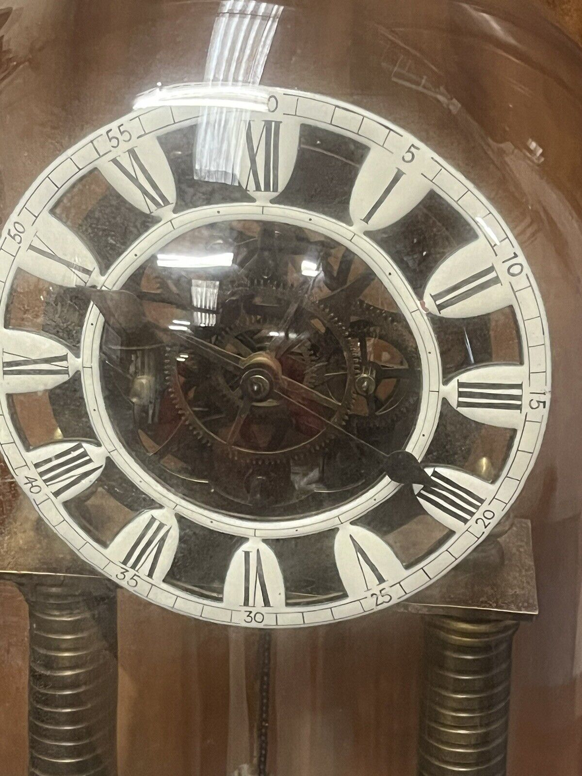 Industrial Chain Driven Skeleton Clock, Glass Done, Weight & Key. Large In Size