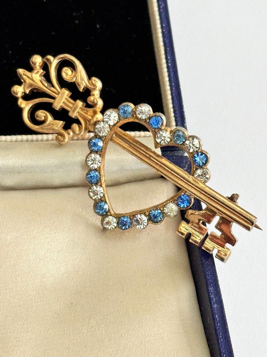 Vintage Gold Tone Blue Clear Diamanté Key Heart  Brooch