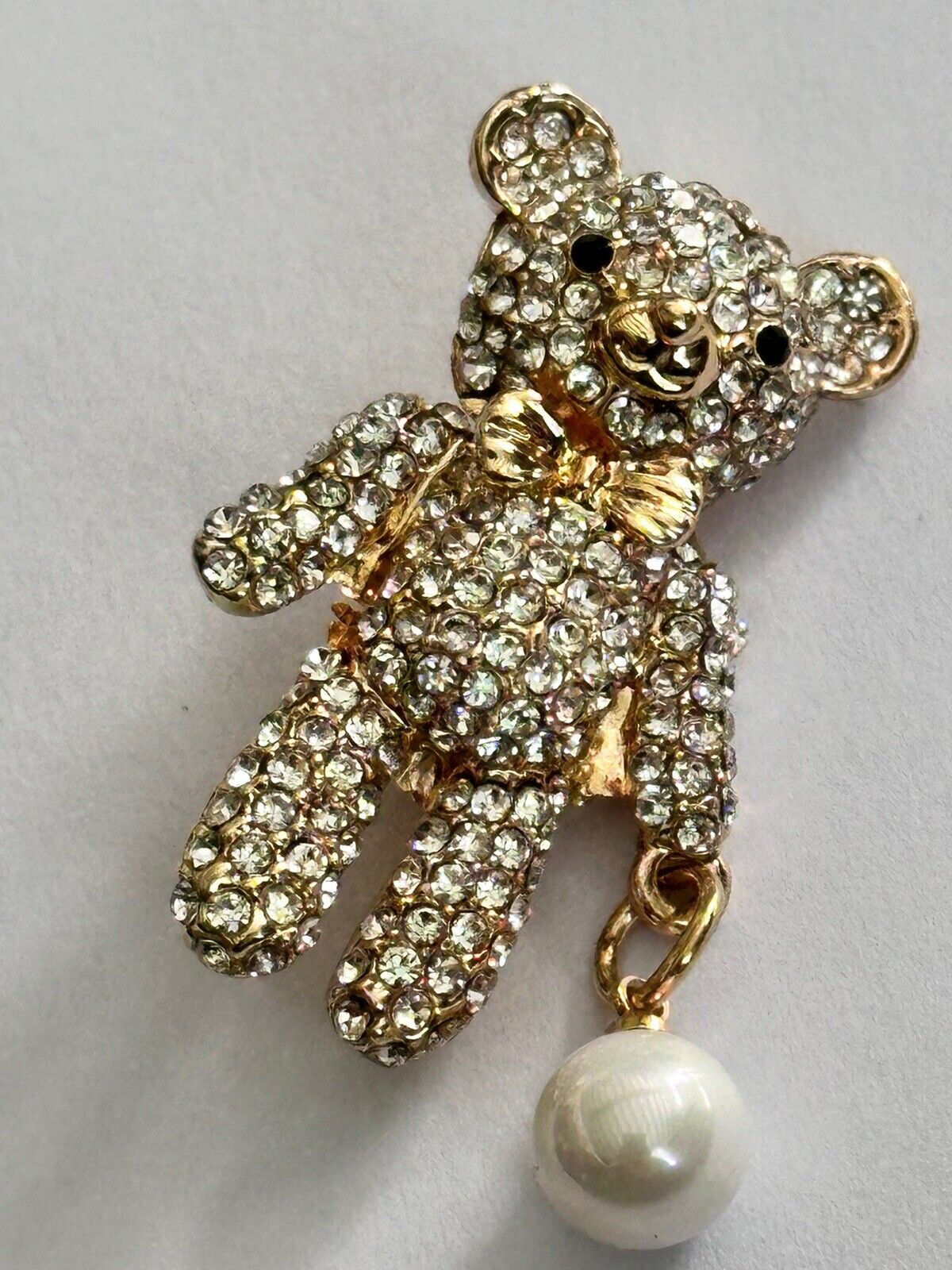 Vintage Gold Tone Diamanté Faux Pearl Teddy Bear  Brooch