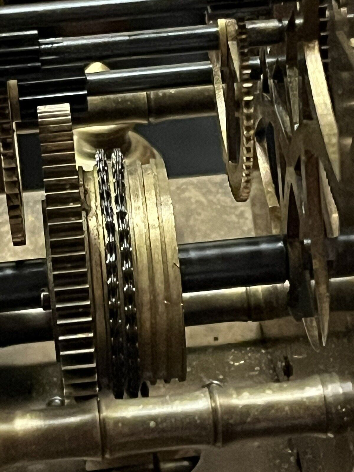 Industrial Chain Driven Skeleton Clock, Glass Done, Weight & Key. Large In Size