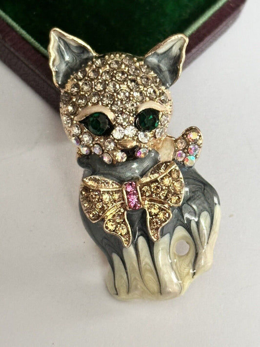 Vintage Enamel Diamanté Cat Brooch
