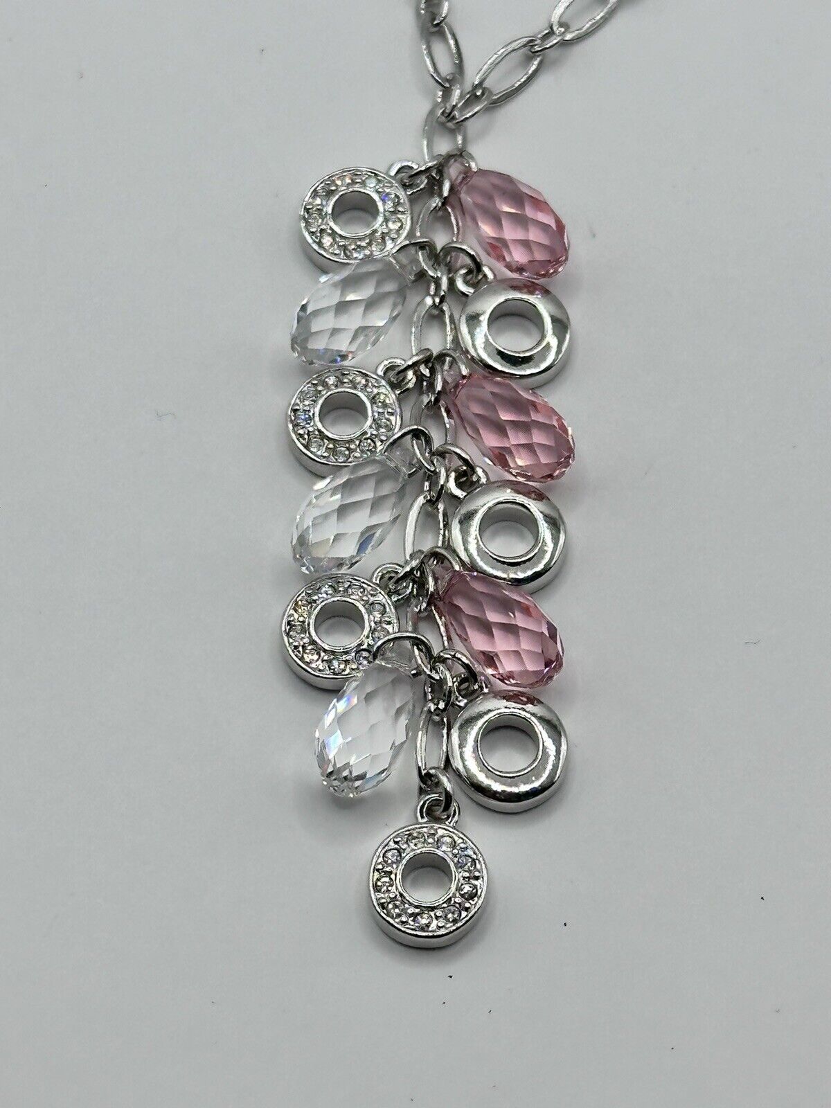 Vintage 1980s Rhodium Plated Pink Clear Droplet Crystal Necklace New Old Stock