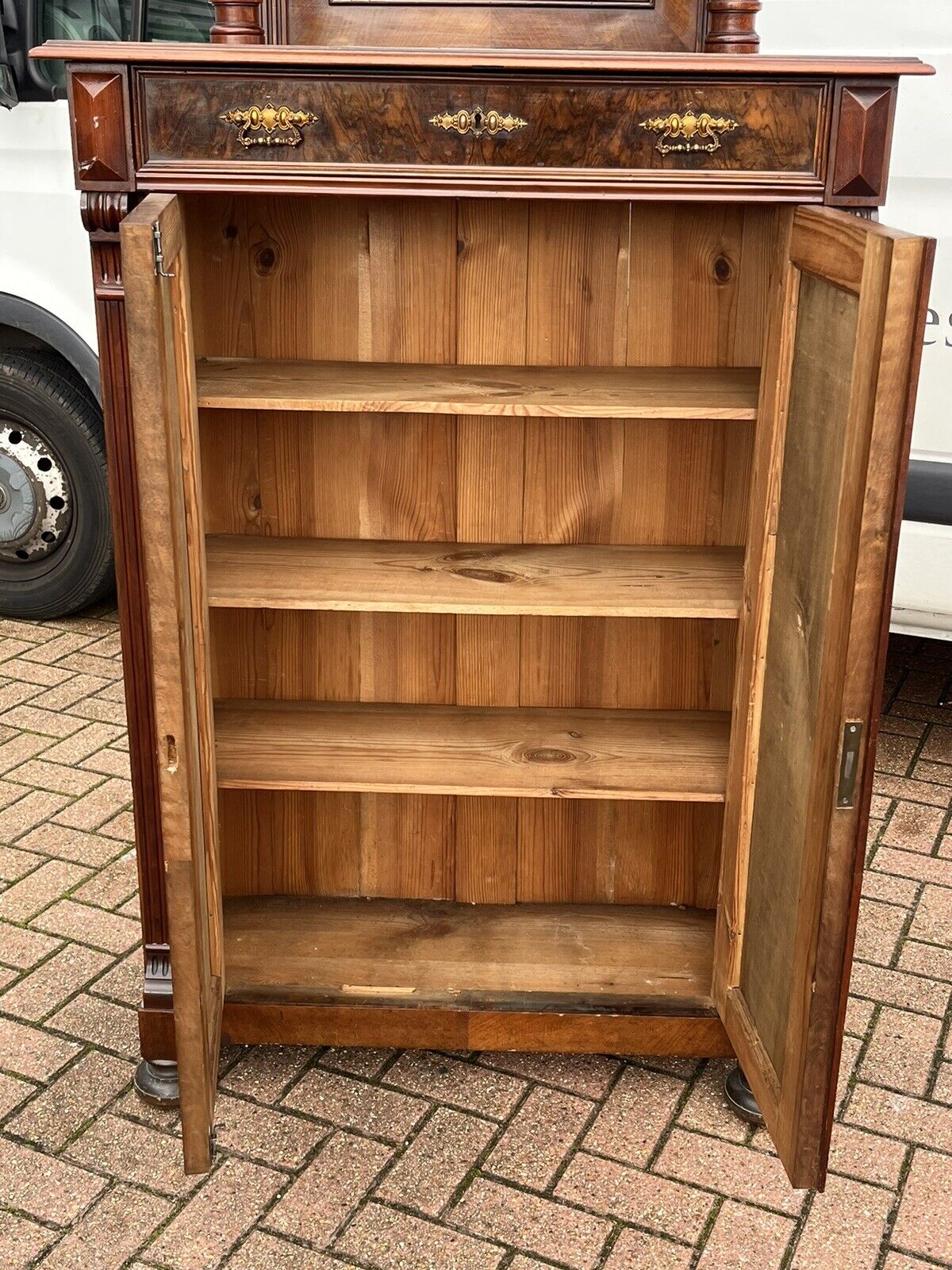 Antique Walnut Bookcase / Cupboard With Fitted Shelves & Drawer