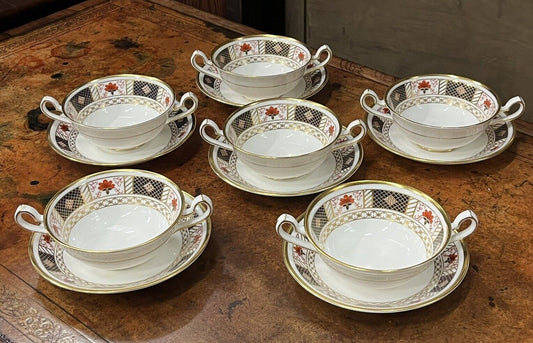 Royal Crown Derby , Derby Border. 6 Soup Cups And Saucers