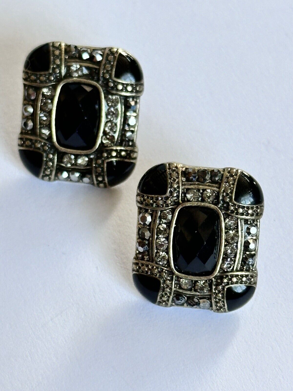 Vintage Silver Tone Black Enamel Diamanté Deco Style Earrings