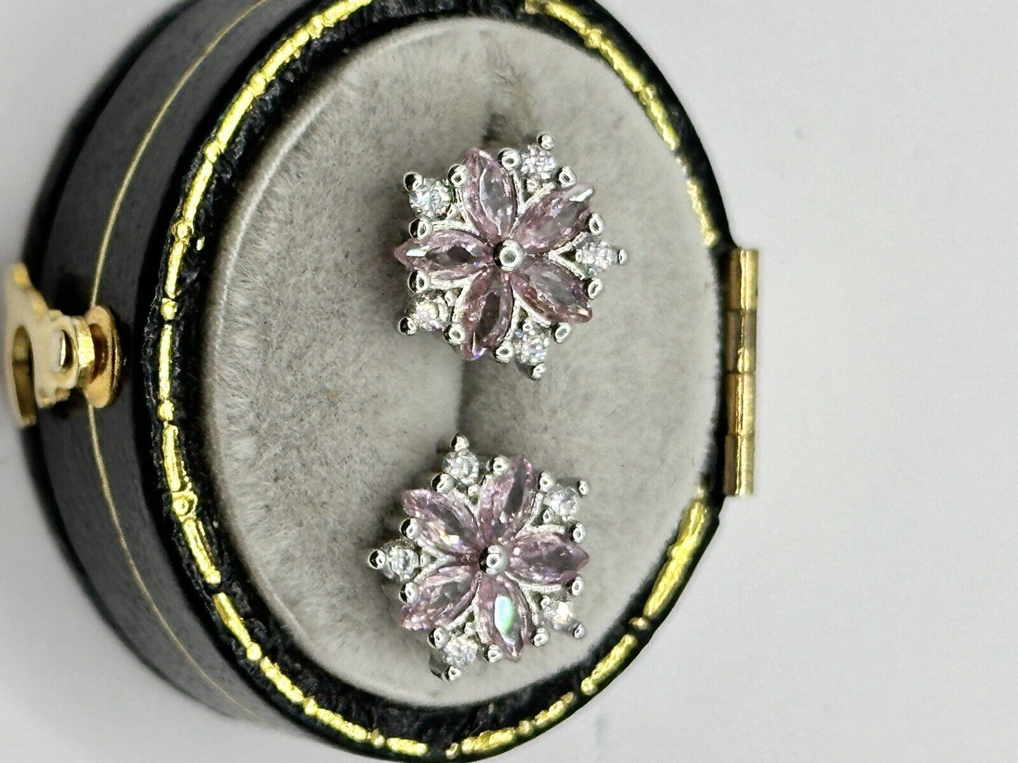 Vintage Silver 925 Pink Clear Cubic Zirconia Flower Earrings