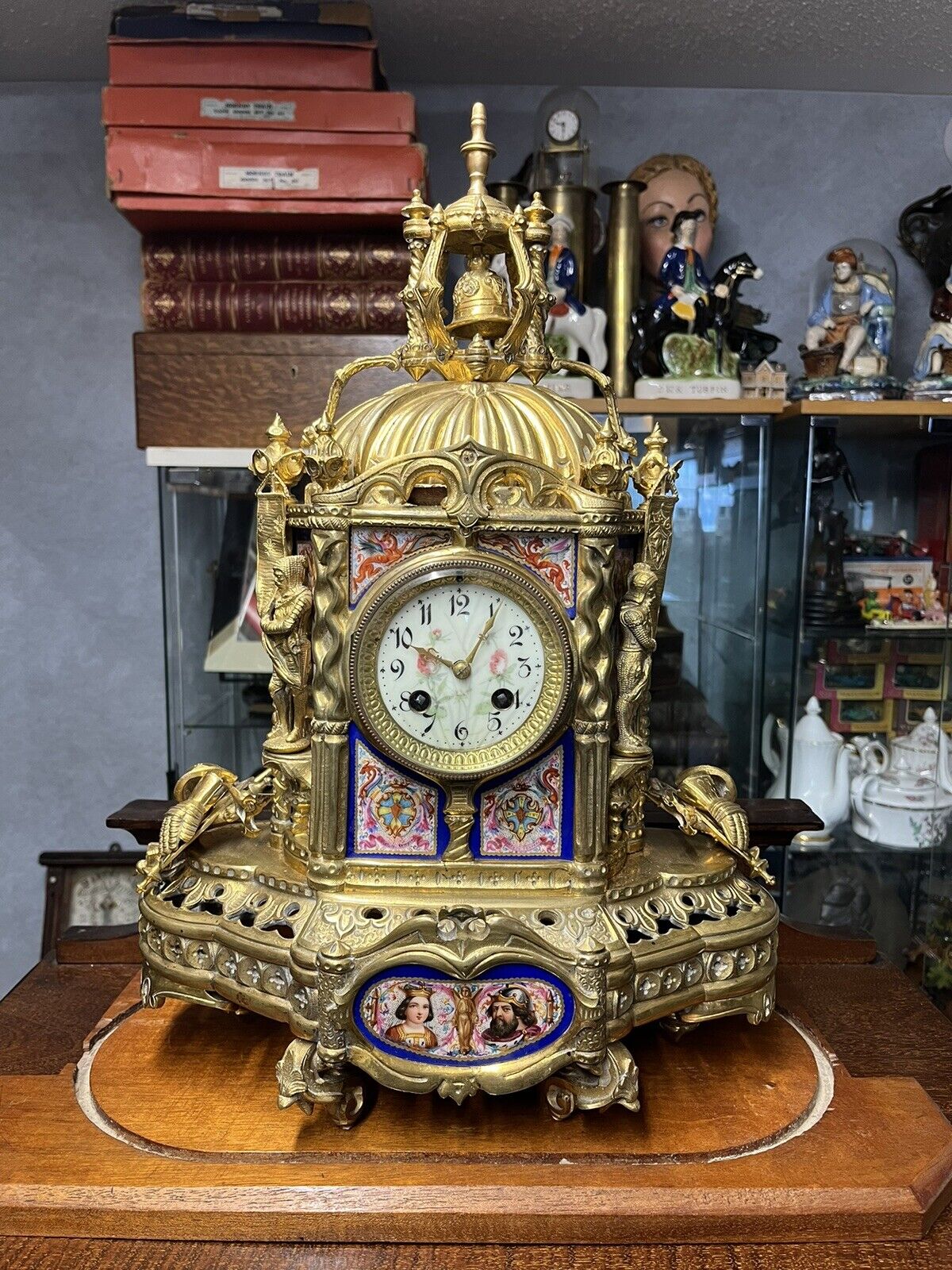 Victorian Brass Clock Under Glass Done, Porcelain Painted Panels Of Royalty