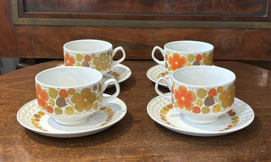 Mid Century Pontesa Young Range 4 Cups and Saucers Retro Orange Floral