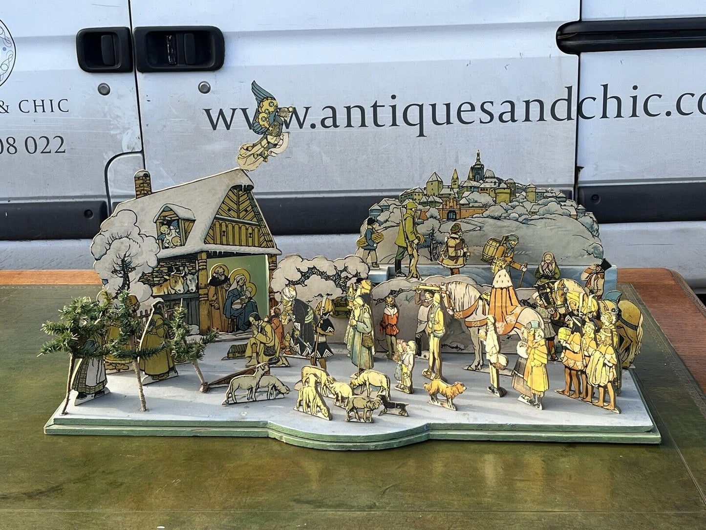 1950's Nativity Set, Wood With Printed Decoration. HUGE IN SIZE.