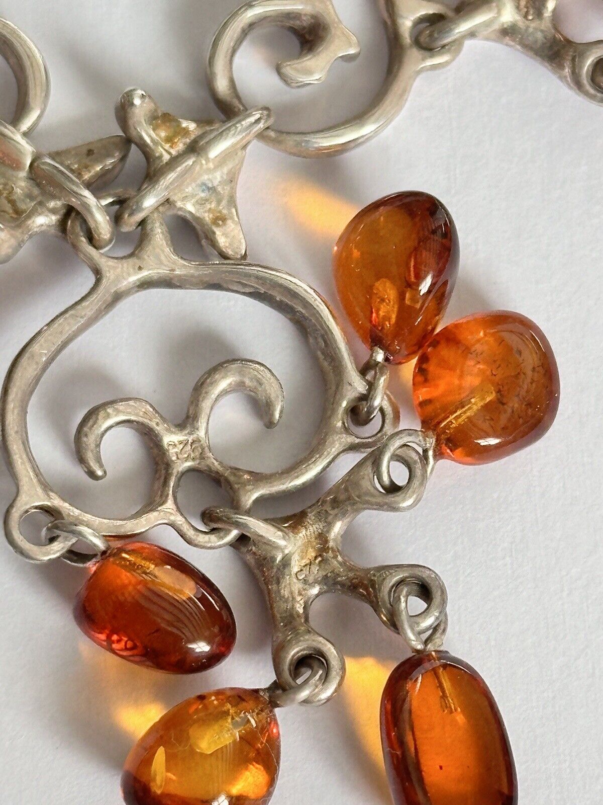 Vintage Silver 925 Baltic Amber Detailed Metalwork Necklace