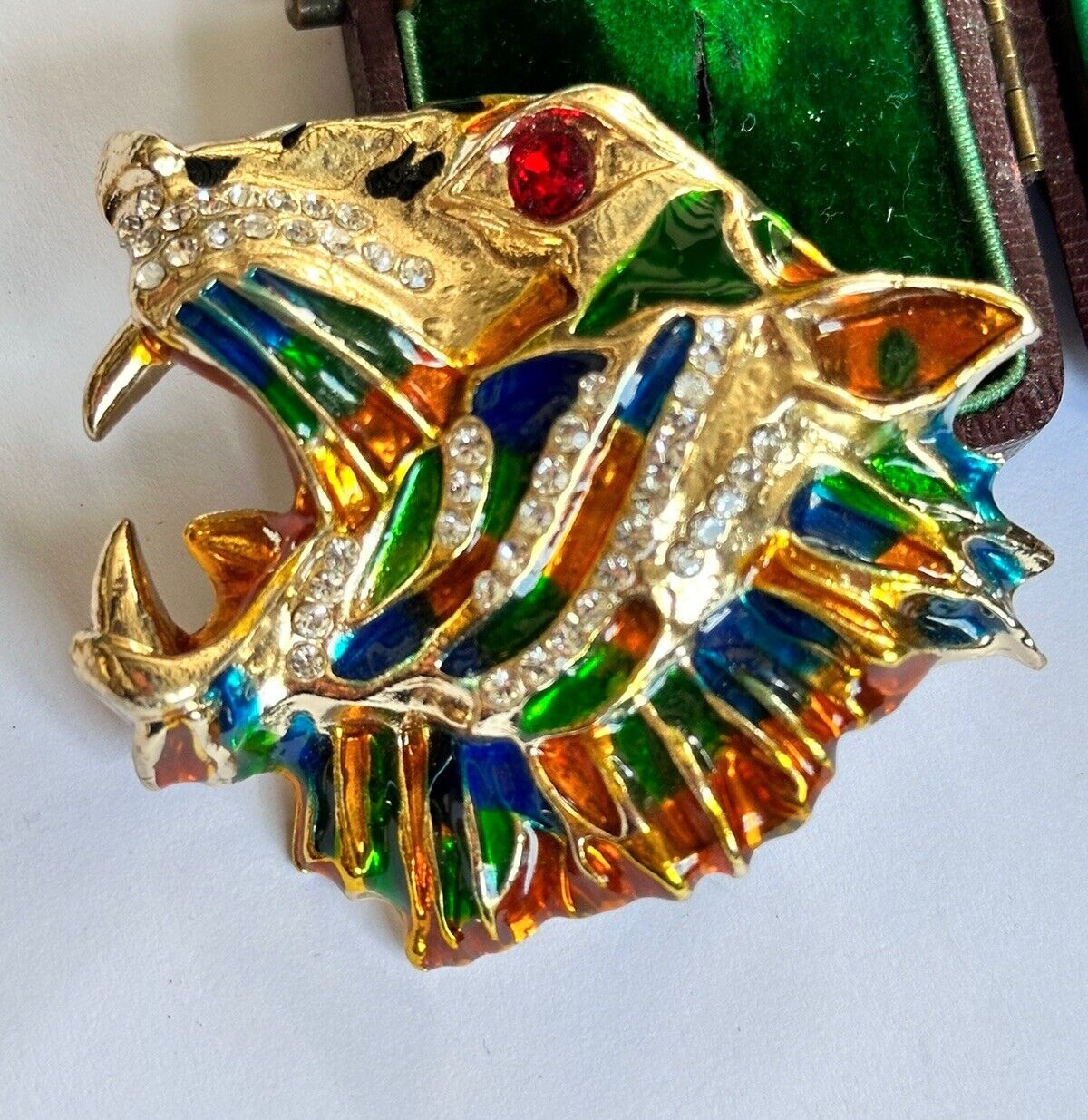 Vintage Gold Plated Tiger Enamel Diamanté Statement Brooch