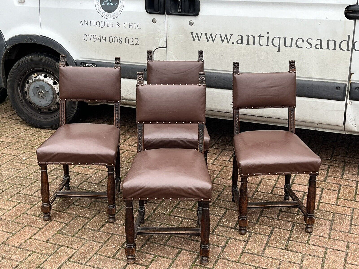Edwardian Oak Dining Chairs, With Carved Green Man Faces.