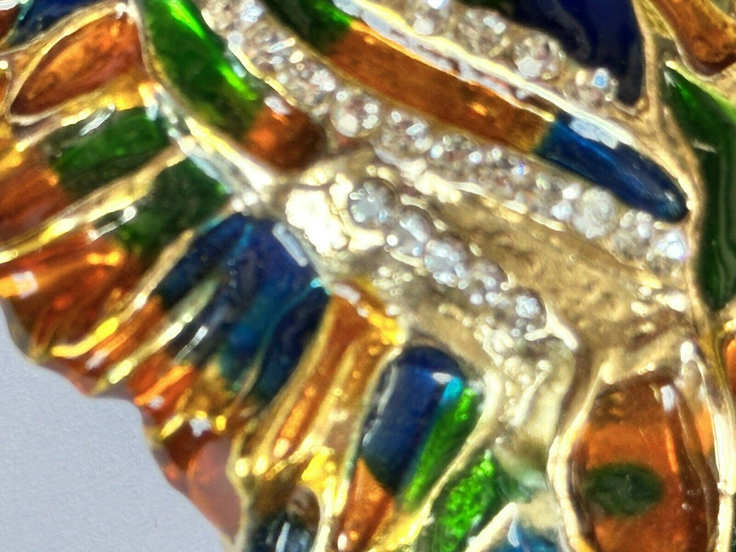 Vintage Gold Plated Tiger Enamel Diamanté Statement Brooch