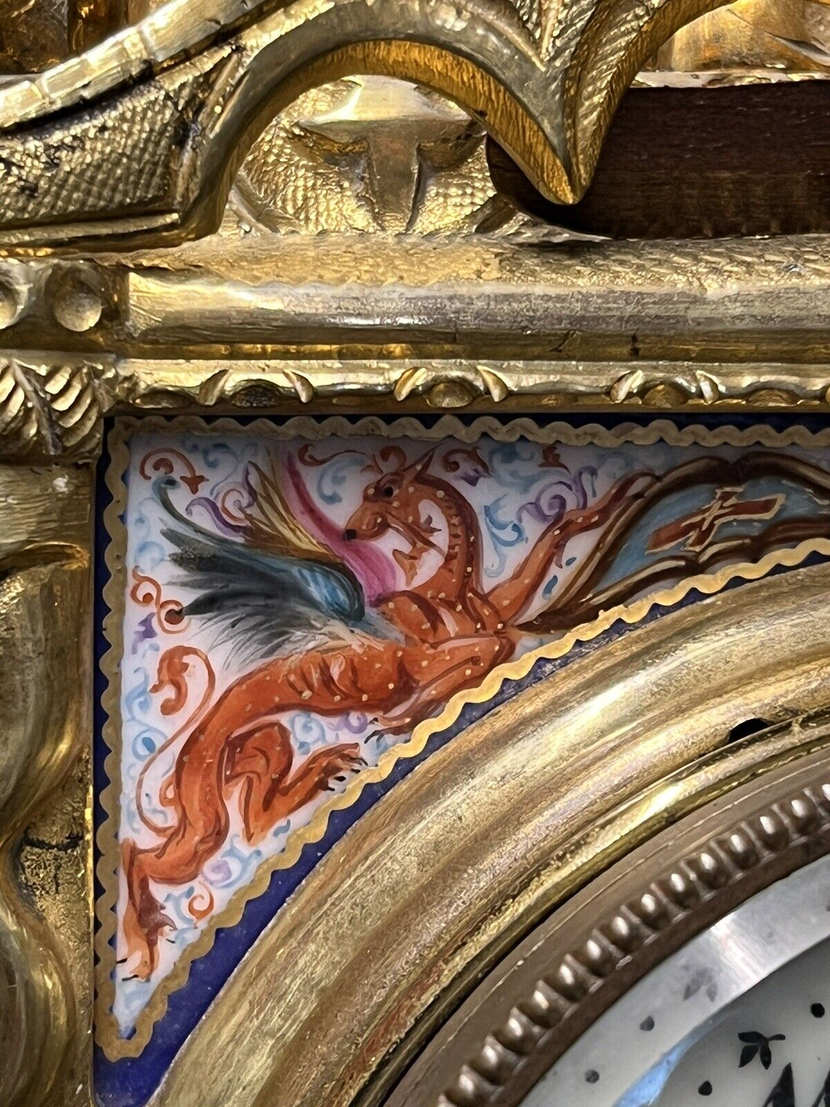 Victorian Brass Clock Under Glass Done, Porcelain Painted Panels Of Royalty