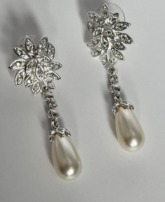 Vintage Silver Tone Diamanté Faux Pearl Drop Earrings