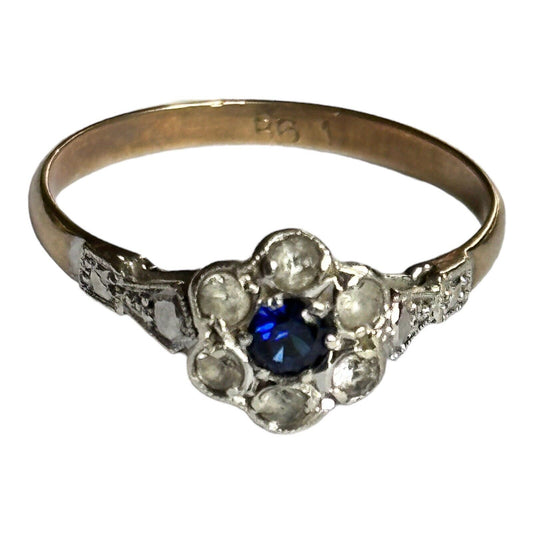 Vintage 9ct Gold Diamond Flower Cluster Sapphire Ring