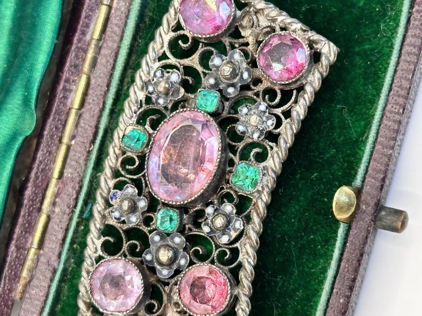 Antique  Edwardian Open Filigree Pink Green Paste Glass Brooch
