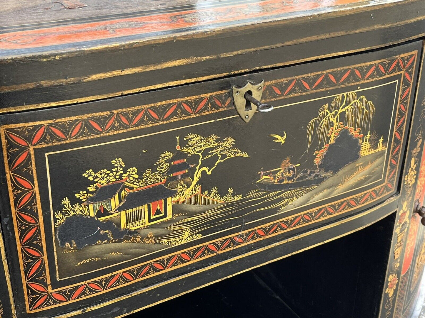 Antique Demi-Lune Chinoiserie Console Table/ Sideboard / Cocktail Cabinet.