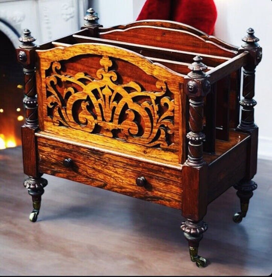 Victorian Rosewood Canterbury Magazine Rack With Drawer On Castors