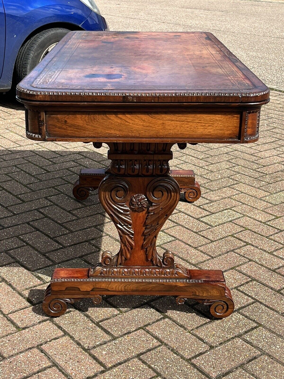 Victorian Rosewood Library Desk / Writing Table, Tan Leather Top
