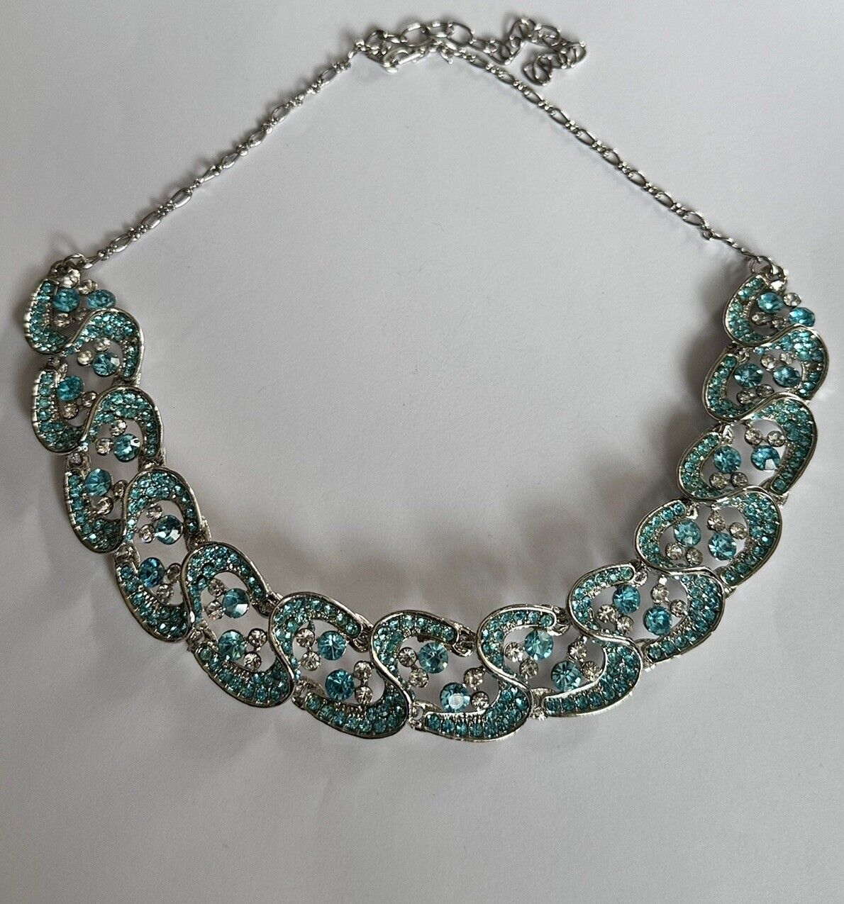 Vintage Silver Tone Blue Diamanté Statement Necklace