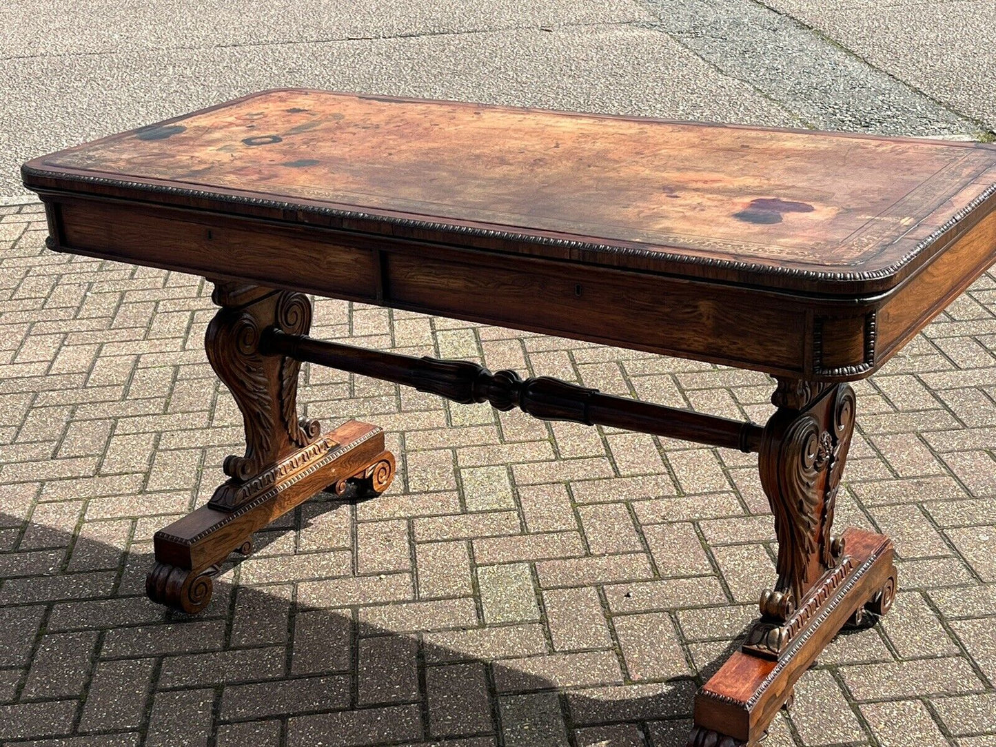 Victorian Rosewood Library Desk / Writing Table, Tan Leather Top