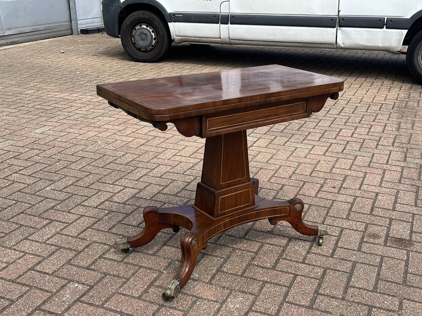 Antique Regency Mahogany & Brass Inlaid Games Table With Fold Over Lid