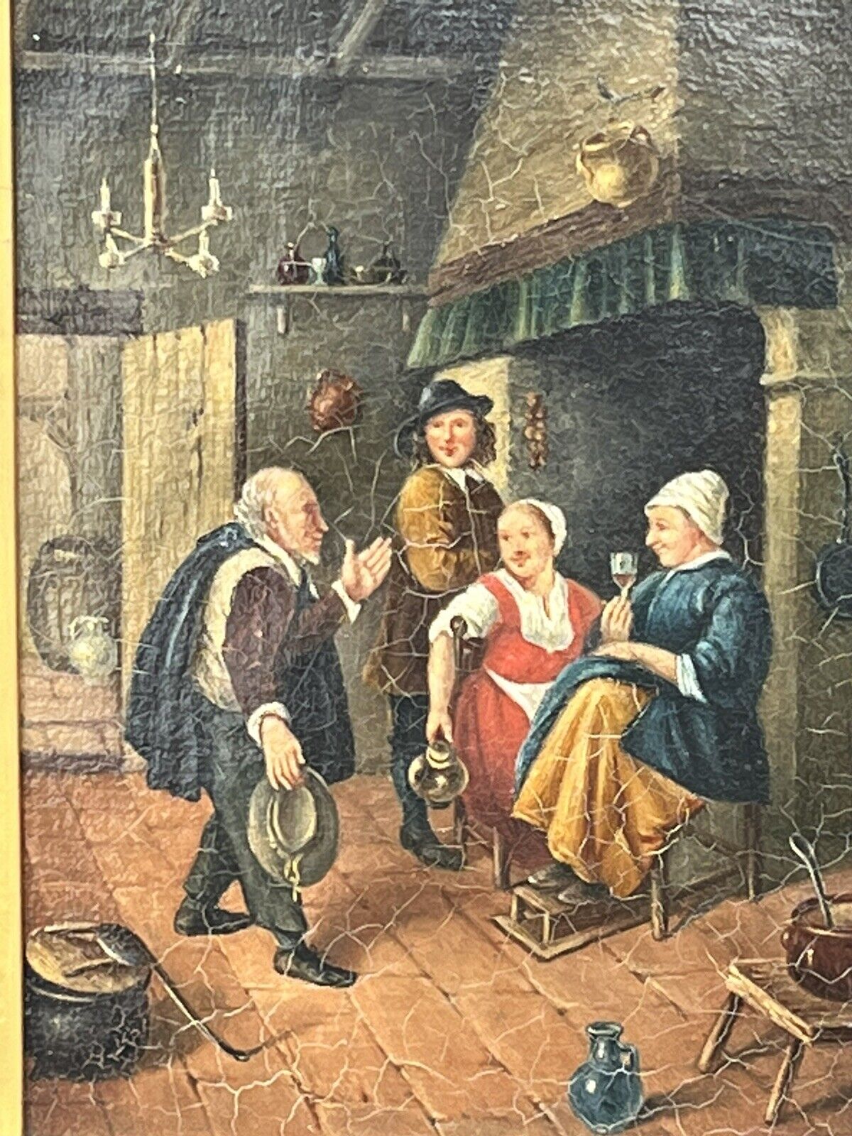 19th Century Tavern Or Inn Scene. Oil On Canvas In Gold Gilt Frame.