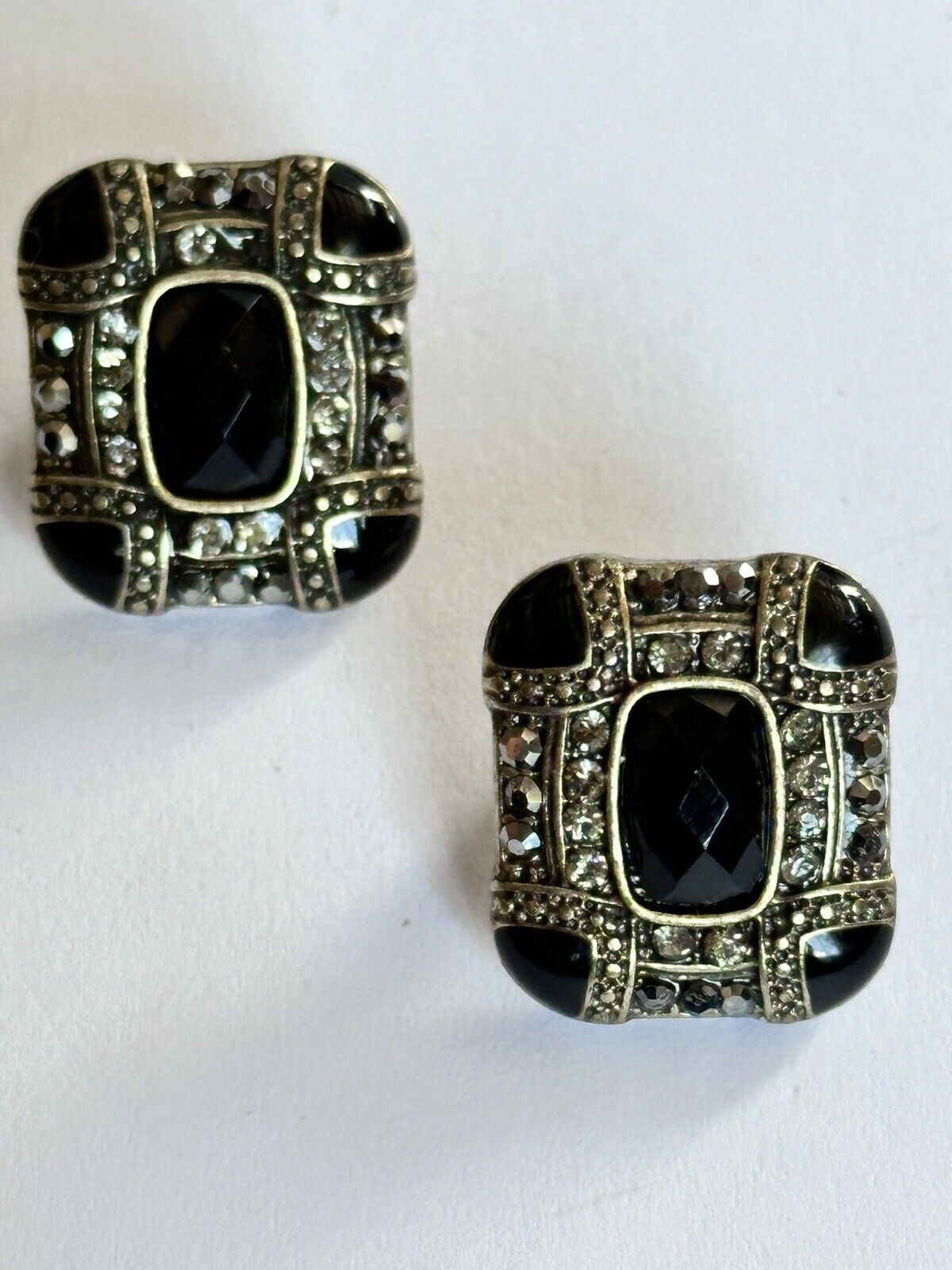 Vintage Silver Tone Black Enamel Diamanté Deco Style Earrings
