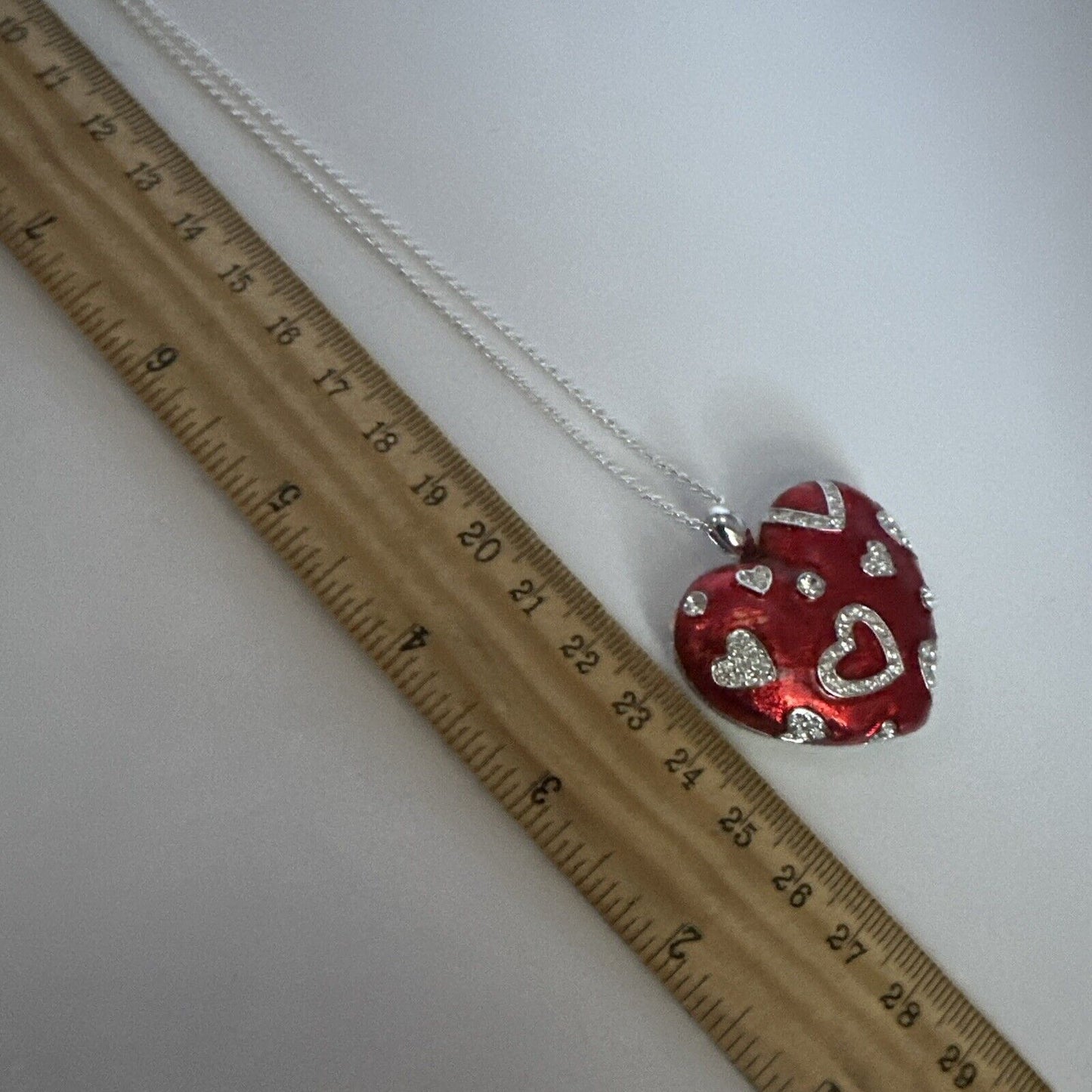 Vintage 1980s Rhodium Plated Red Heart Crystal Necklace New Old Stock