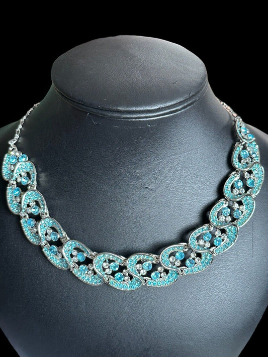 Vintage Silver Tone Blue Diamanté Statement Necklace