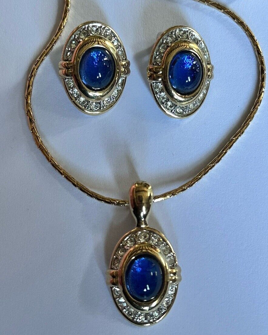 Vintage Blue Cabochon Silver Gold Tone Diamanté Necklace Clip On Earring Set