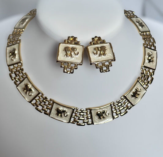 Vintage Gold Tone Enamel Elephant Necklace Clip On Earring Set