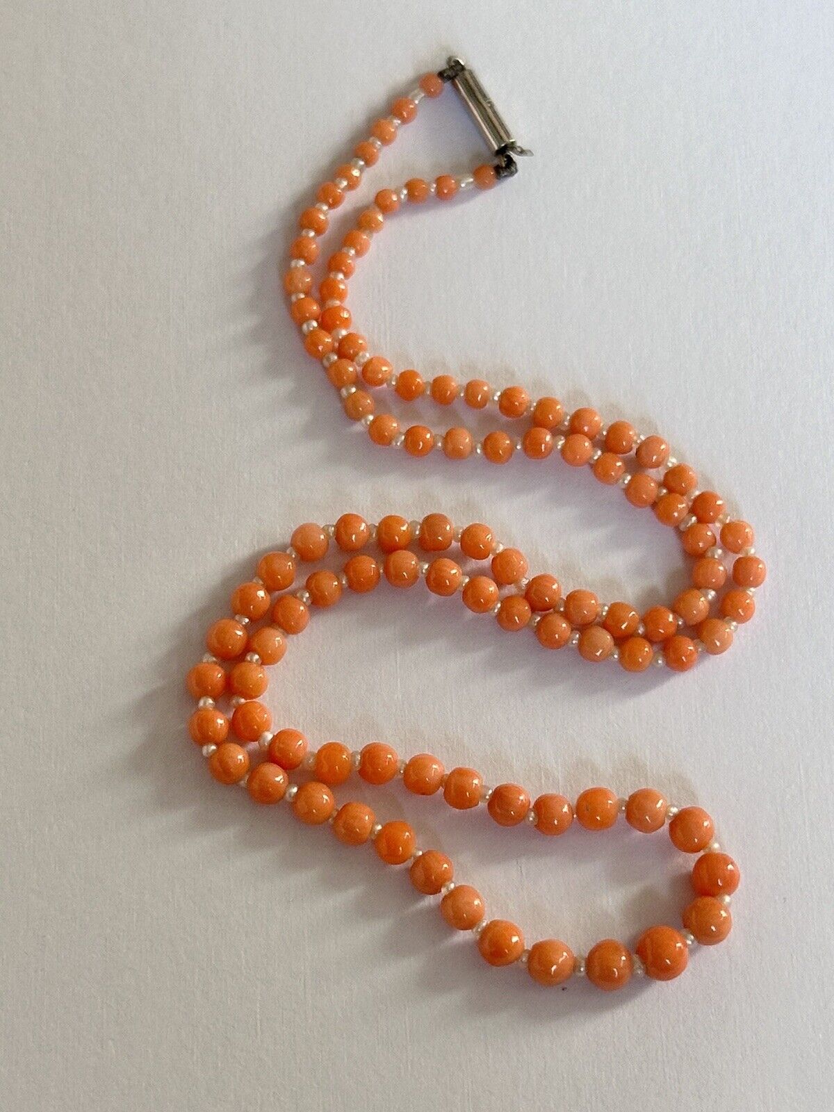 Antique Victorian Pink Salmon Coral And Pearl Beaded Necklace 9ct Gold Clasp