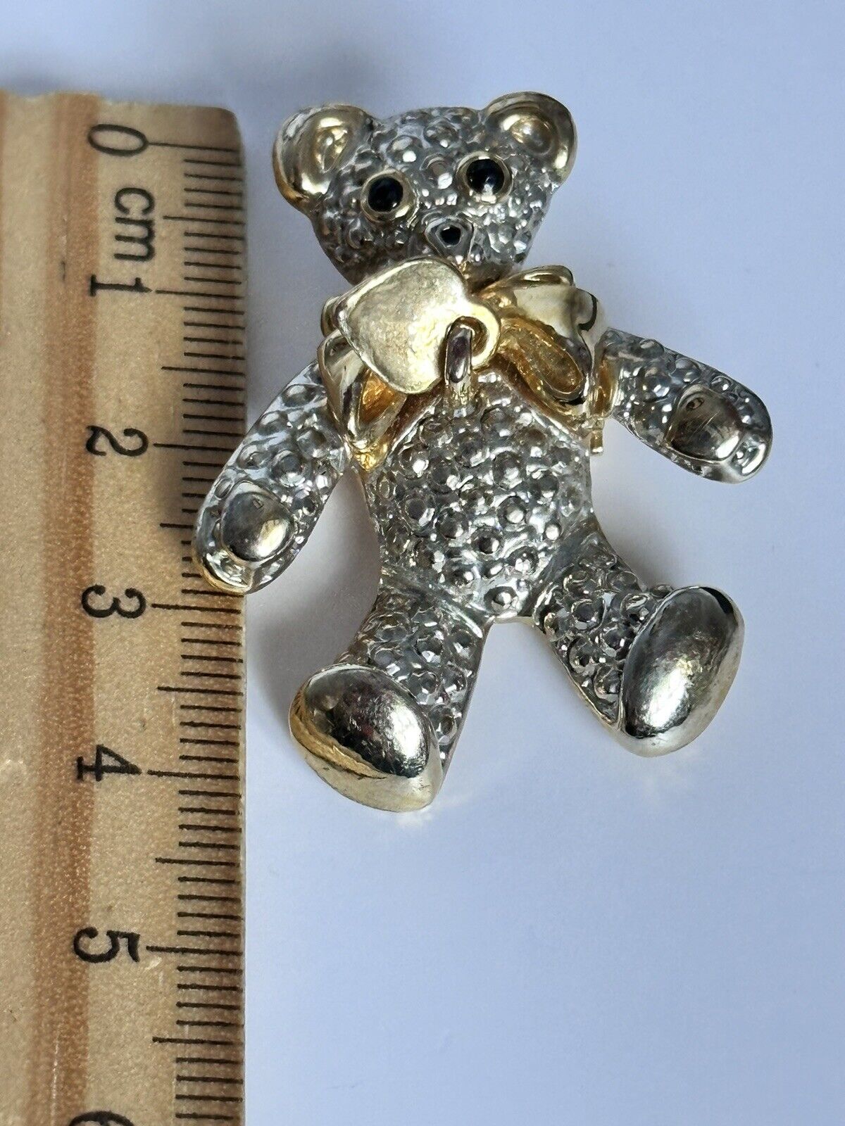 Vintage Silver Gold Tone Teddy Bow Hanging Heart Brooch