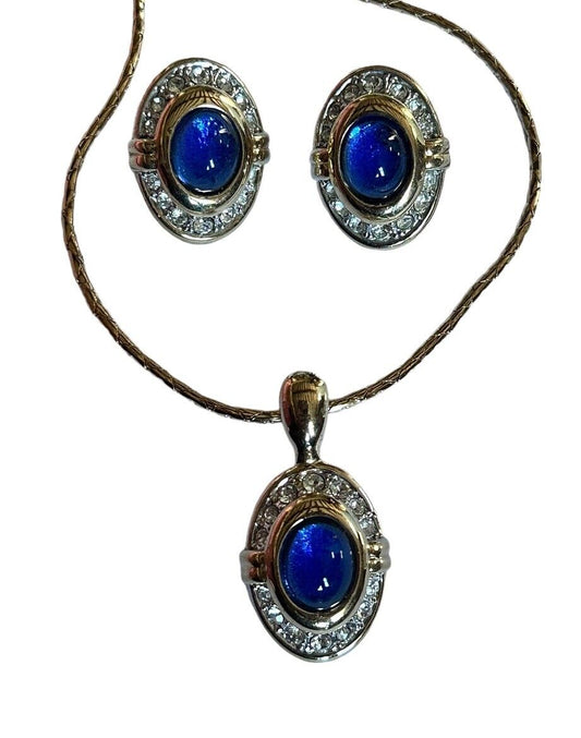 Vintage Blue Cabochon Silver Gold Tone Diamanté Necklace Clip On Earring Set