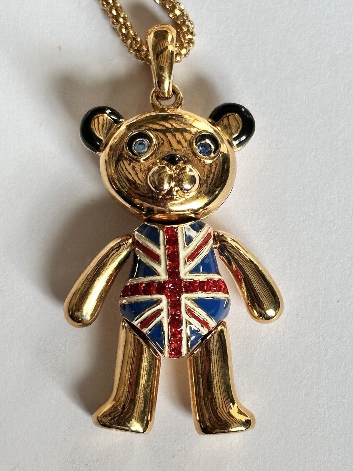 Vintage 1980s Gold Plated Moving Parts British Flag Teddy Pendant Necklace