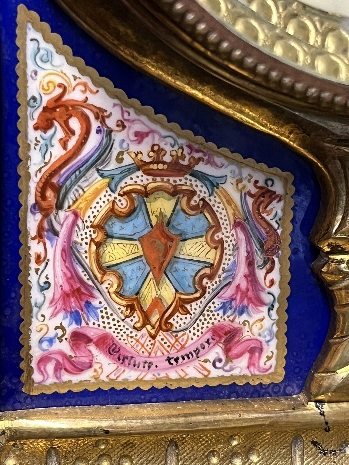 Victorian Brass Clock Under Glass Done, Porcelain Painted Panels Of Royalty