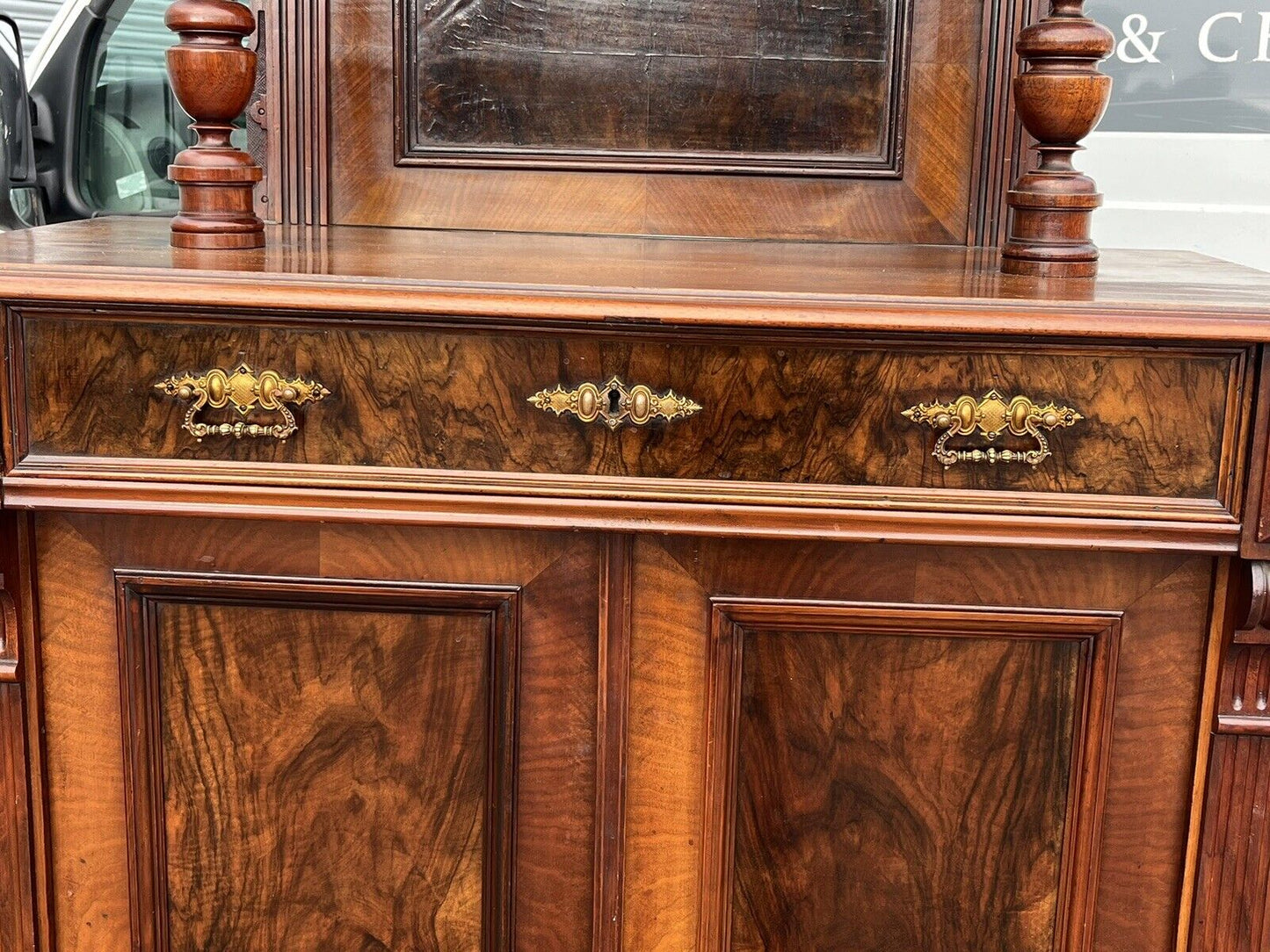 Antique Walnut Bookcase / Cupboard With Fitted Shelves & Drawer