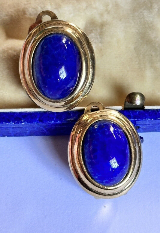 Vintage Dorlan Gold Tone Blue Stone Clip On Earrings