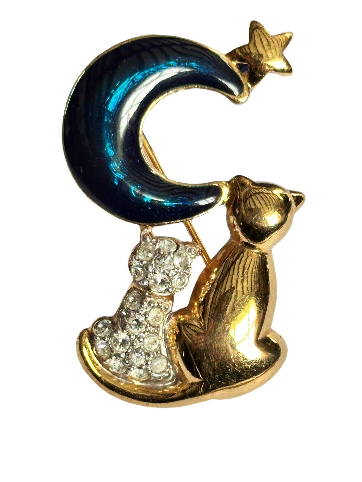 Vintage Gold Plated Blue Enamel Cats Moon Star Brooch