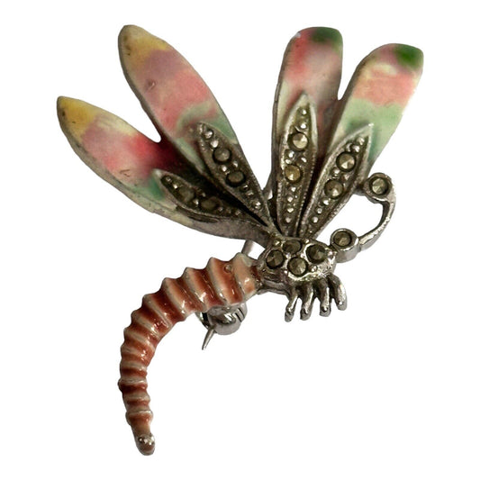 Vintage 1950s/60s Marcasite Pink Green Enamel Dragonfly Brooch