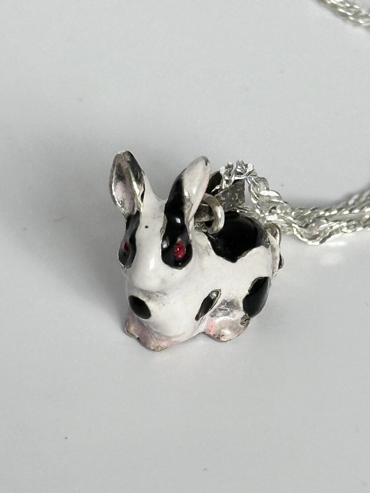 Viintage Rhodium Plated Enamel Rabbit Pendant Necklace