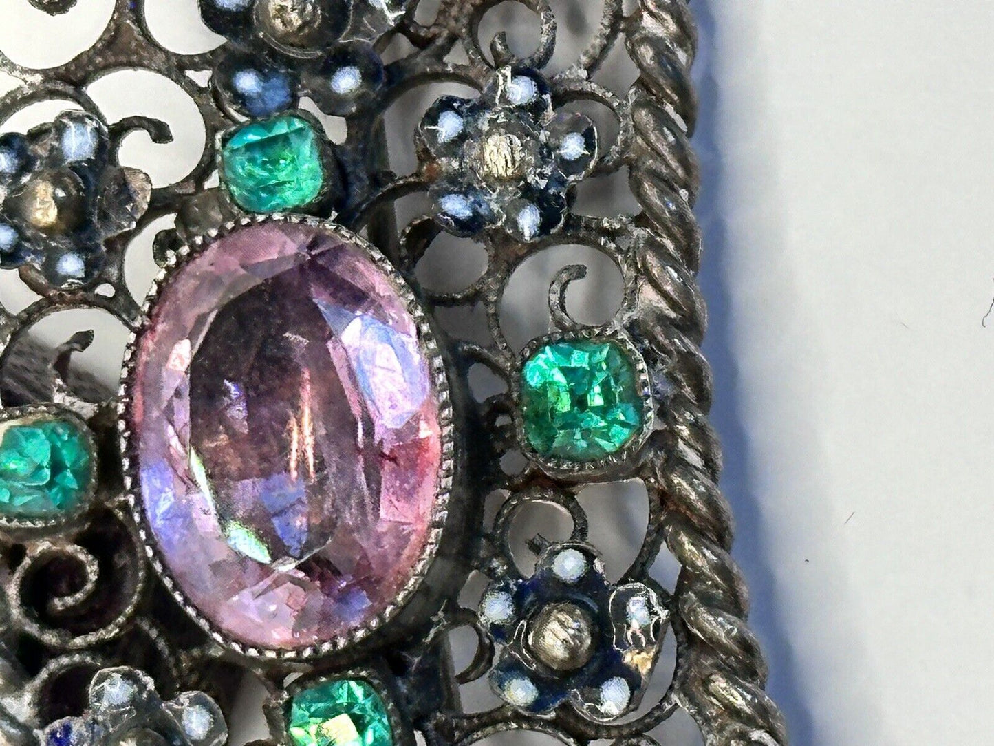 Antique  Edwardian Open Filigree Pink Green Paste Glass Brooch