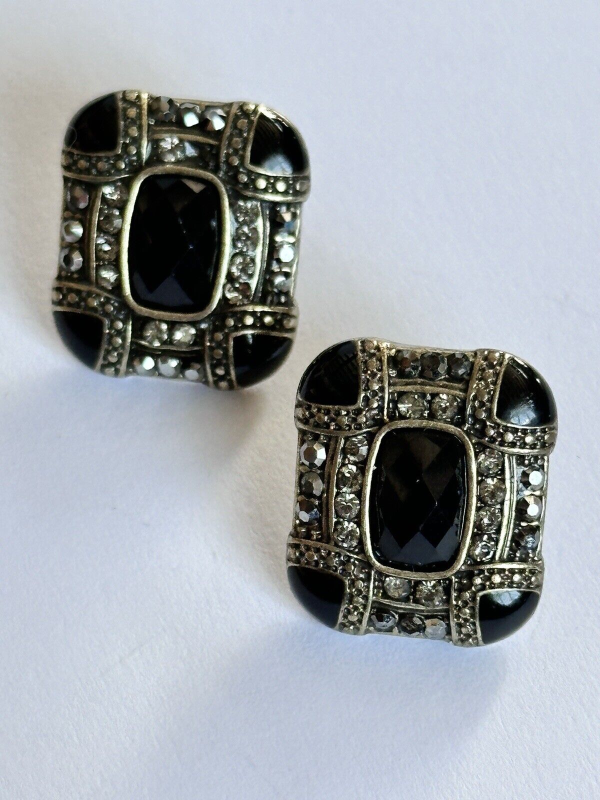 Vintage Silver Tone Black Enamel Diamanté Deco Style Earrings