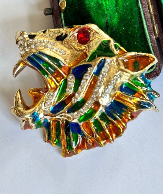 Vintage Gold Plated Tiger Enamel Diamanté Statement Brooch