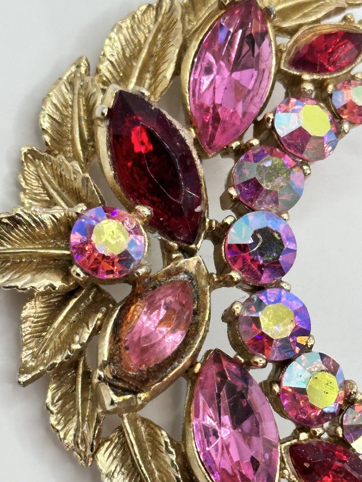 Vintage Sphinx Signed Gold Tone Pink Red Crescent  Statement  Brooch