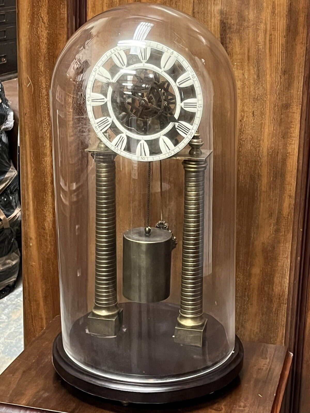 Industrial Chain Driven Skeleton Clock, Glass Done, Weight & Key. Large In Size