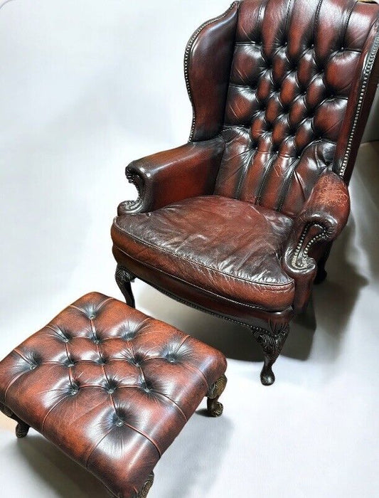 Leather Armchair & Matching Stool, Deep Buttoned Leather.